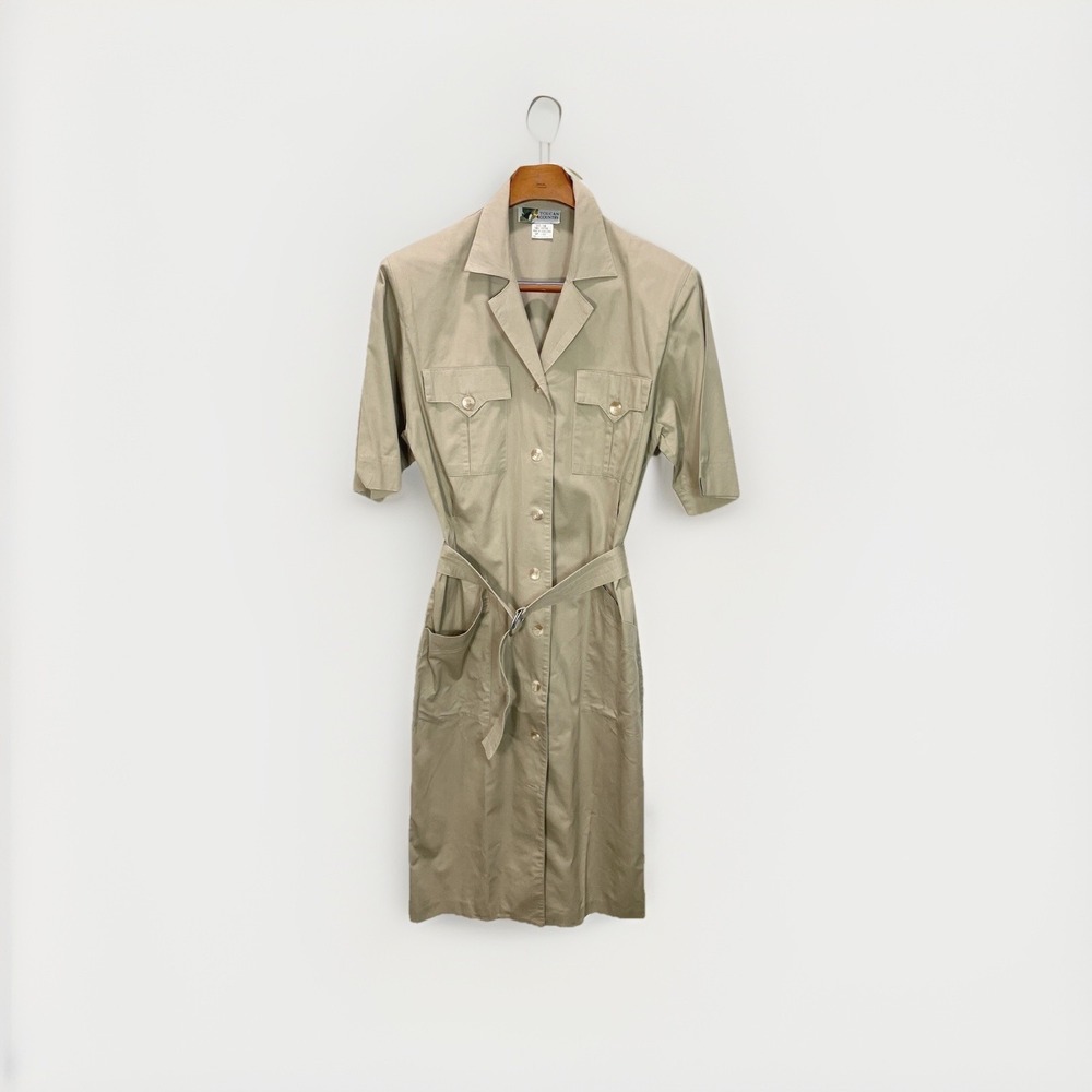Vtg Women's Safari Khaki Dress Size 14 NWT Shoulder Pads Fitted Waist Belt